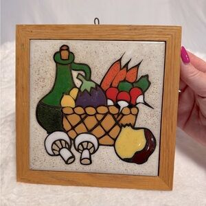 Vintage MCM Food Vegetable Tile Trivet Wall Art Wooden Framed Mushrooms Carrots